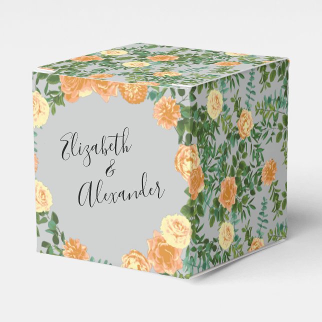 Peach Grey Wedding Spring Floral Favor Boxes (Front Side)