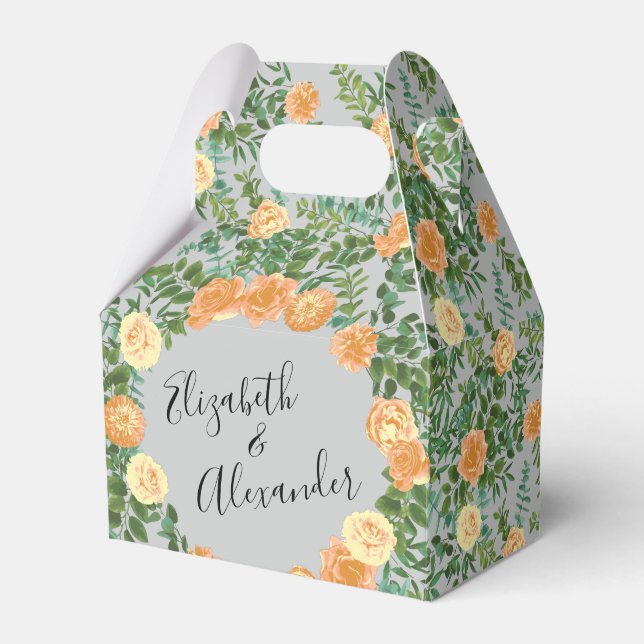 Peach Grey Wedding Spring Floral Favor Boxes (Front Side)