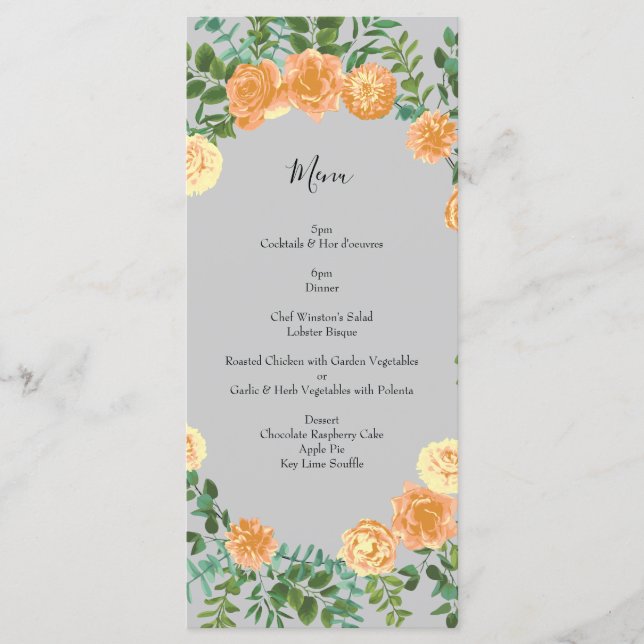 Peach Grey Wedding Spring Floral Menu (Front)
