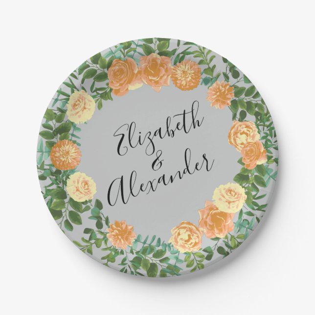 Peach Grey Wedding Spring Floral Paper Plates (Front)