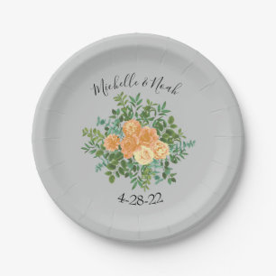 Peach Grey Wedding Spring Floral Paper Plates