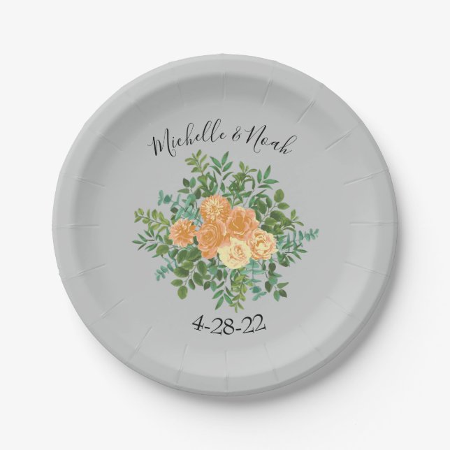 Peach Grey Wedding Spring Floral Paper Plates (Front)