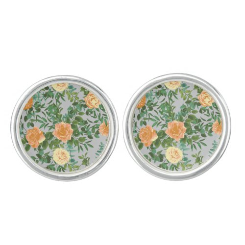 Peach Grey Wedding Vintage Floral Cufflinks