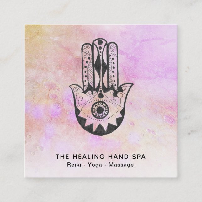 *~*  Peach Hamsa Hand of Fatima Craters of Moon Square Business Card (Front)