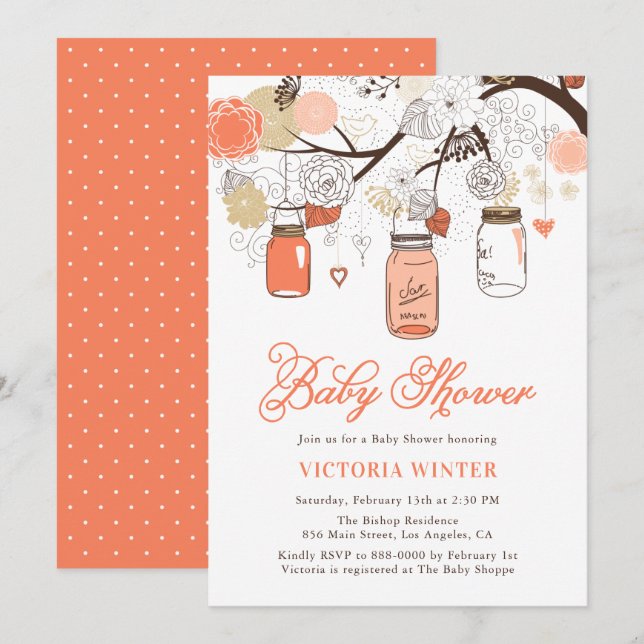 Peach Hanging Mason Jars Baby Shower Invitation (Front/Back)