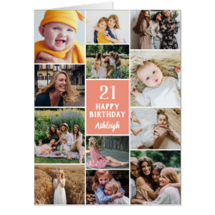 Peach Happy Birthday 12 Photo Collage Big Card