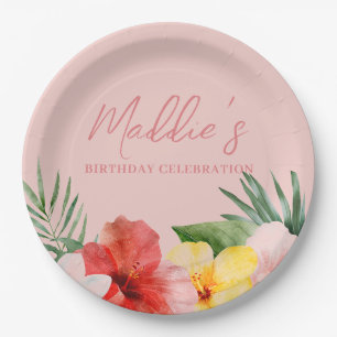 Peach Hawaiian Floral Birthday Paper Plates