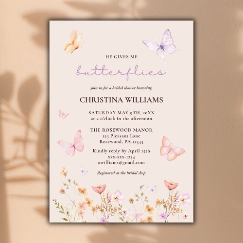 Peach He Gives me Butterflies Bridal Shower Invitation