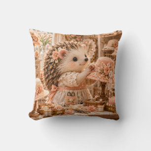 Peach Hedgehog Floral Hatmaking Studio Throw Pillow