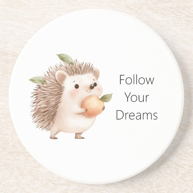 Peach Hedgehog Green Leaves Dreams Coaster (Front)