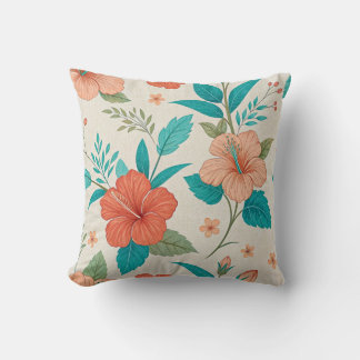 Peach Hibiscus Floral Throw Pillow
