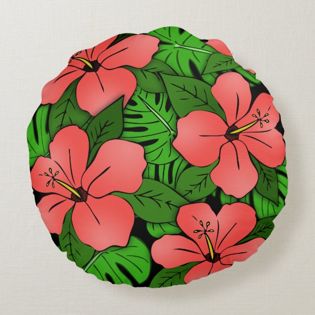 Peach Hibiscus & Monstera Round Pillow (Back)