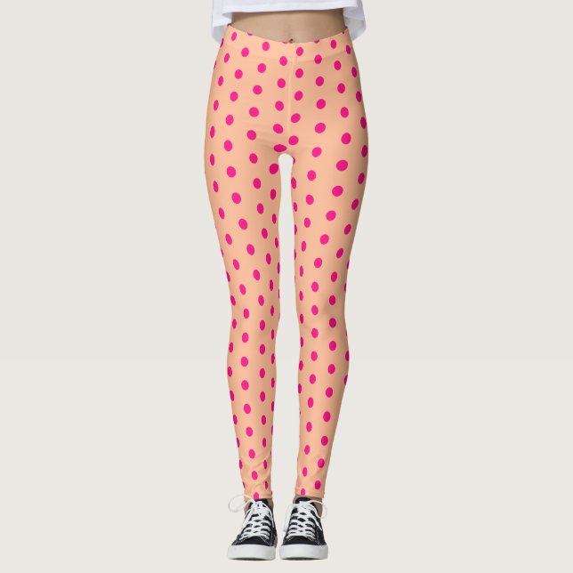 Peach hot pink polka dots retro pattern cute cool leggings (Front)