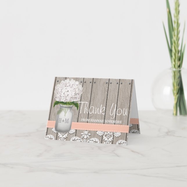 Peach Hydrangea Monogrammed Mason Jar THANK YOU Card (Front)