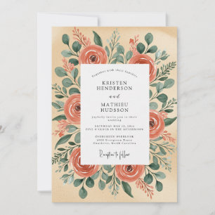 Peach Illustrative Rustic Wedding Invitation