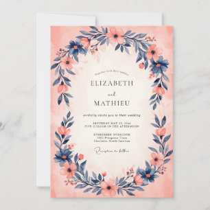Peach Indigo Serene Watercolor Wedding Invitation