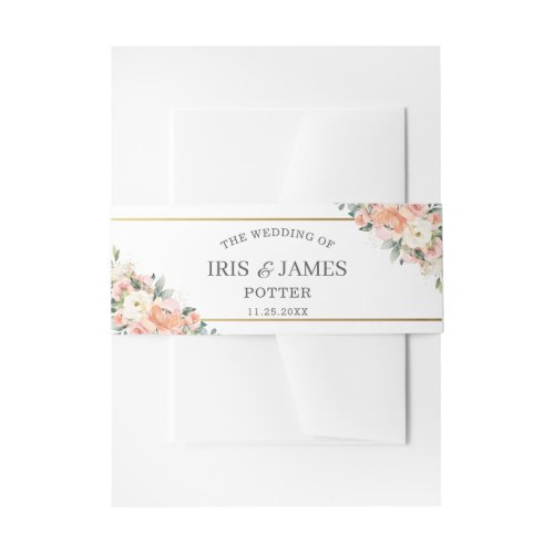 Peach Ivory Blush Floral Gold Greenery Wedding Invitation Belly Band