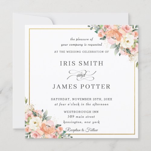 Peach Ivory Blush Floral Gold Wedding Square Invitation