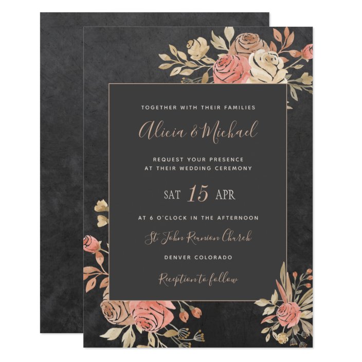 Peach Ivory Blush Moody Floral Dark Grey Wedding Invitation