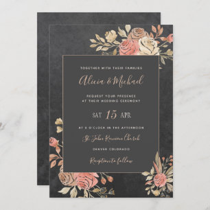 Peach Ivory Blush Moody Floral Dark Grey Wedding Invitation