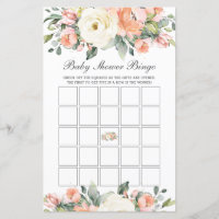 Peach Ivory Floral Baby Shower Bingo Party Game