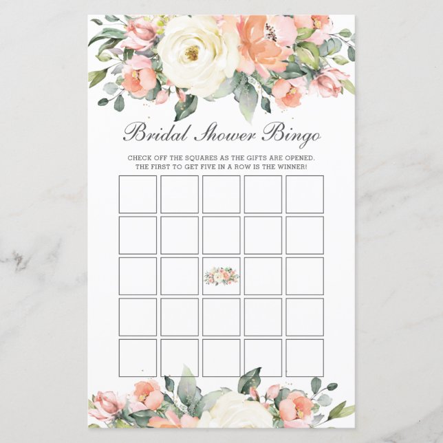 Peach Ivory Floral Bridal Shower Bingo Party Game (Front)
