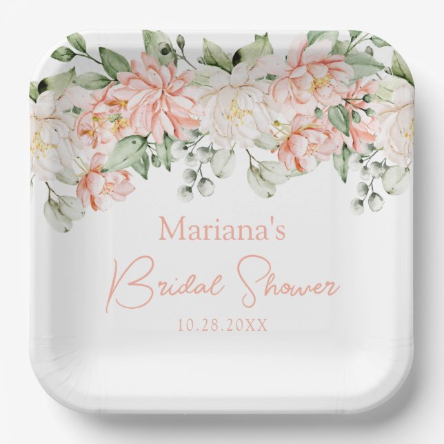 Peach Ivory Floral Bridal Shower Paper Plates (Front)