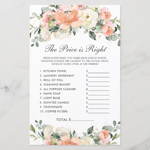 Peach Ivory Floral Shower Price is Right Game