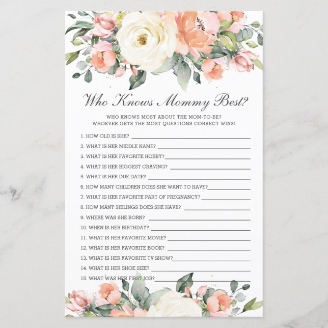 Peach Ivory Floral Who Knows Mommy Best Party Game (Front)