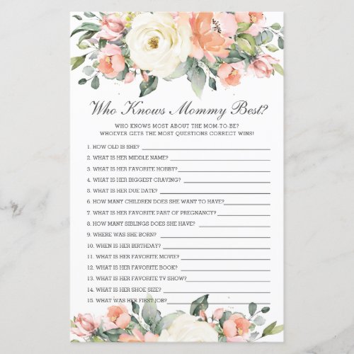 Peach Ivory Floral Who Knows Mommy Best Party Game