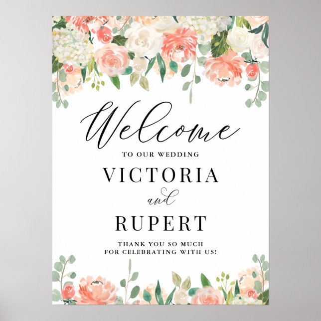 Peach Ivory Peony and Hydrangea Wedding Welcome Poster (Front)