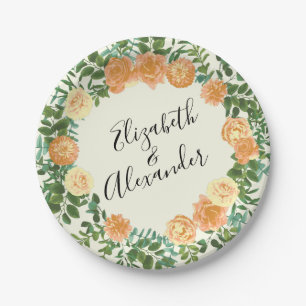 Peach & Ivory Peony & Rose Floral Wedding Paper Plates