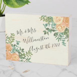 Peach & Ivory Peony & Rose Floral Wedding Wooden Box Sign