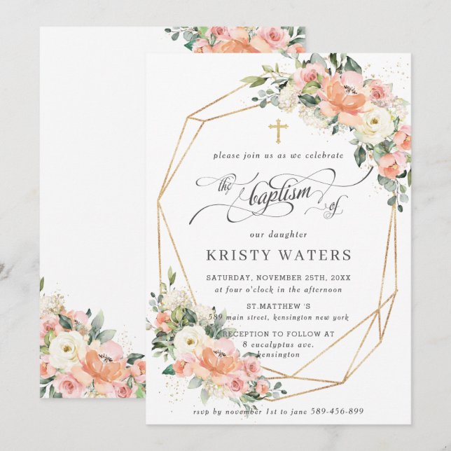Peach Ivory Pink Floral Greenery Baptism Geometric Invitation (Front/Back)