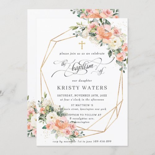 Peach Ivory Pink Floral Greenery Baptism Geometric Invitation