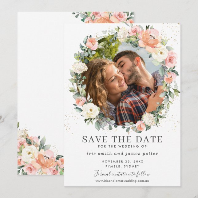 Peach Ivory Pink Floral Photo Save the Date Card (Front/Back)