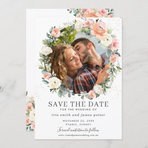 Peach Ivory Pink Floral Photo Save the Date Card