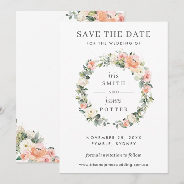 Peach Ivory Pink Floral Wedding Save the Date Card (Front/Back)