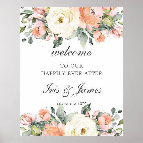 Peach Ivory Pink Floral Wedding Welcome Sign