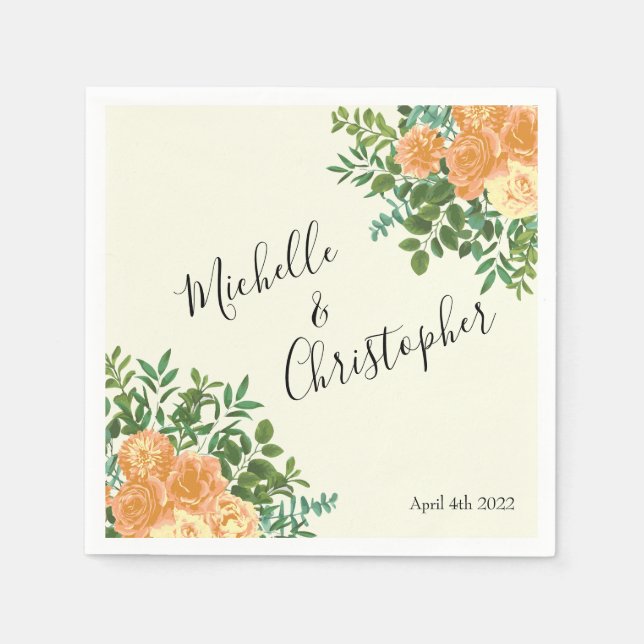 Peach Ivory Wedding Vintage Rose Napkins (Front)