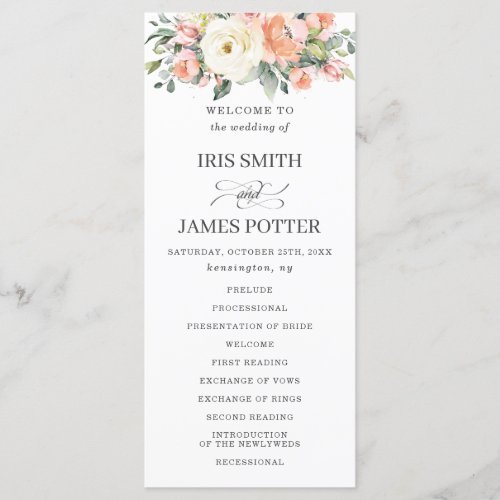 Peach Ivory White Pink Floral Wedding Program