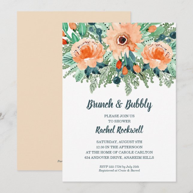 Peach Jade Teal Floral Bridal Shower Invites (Front/Back)