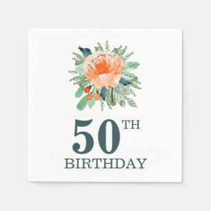 Peach Jade Teal Floral Watercolor Birthday Napkins