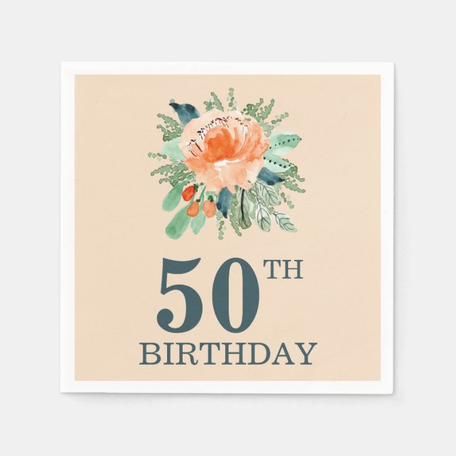 Peach Jade Teal Floral Watercolor Birthday Napkins (Front)