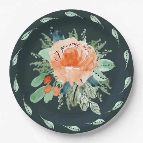 Peach Jade Teal Floral Watercolor Birthday Paper Plates