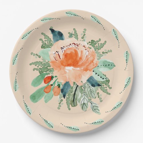 Peach Jade Teal Floral Watercolor Birthday Paper Plates