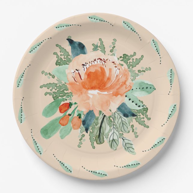 Peach Jade Teal Floral Watercolor Birthday Paper Plates (Front)