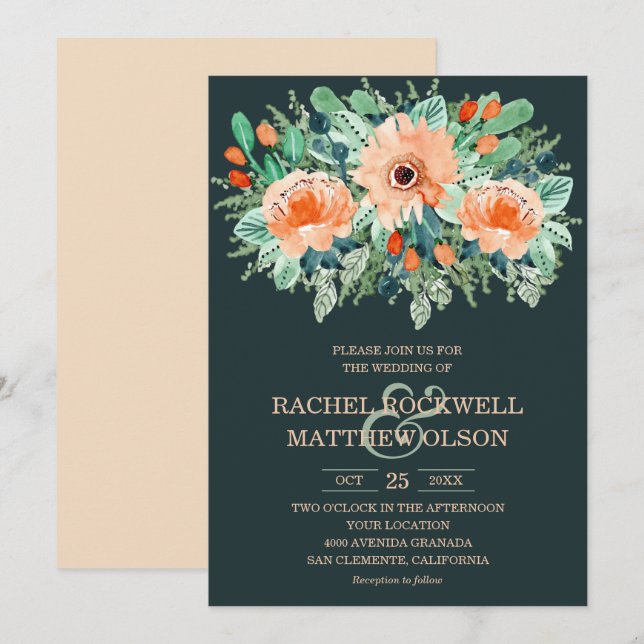 Peach Jade Teal Floral Watercolor Wedding Invites (Front/Back)