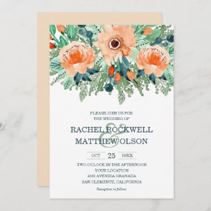 Peach Jade Teal Floral Watercolor Wedding Invites