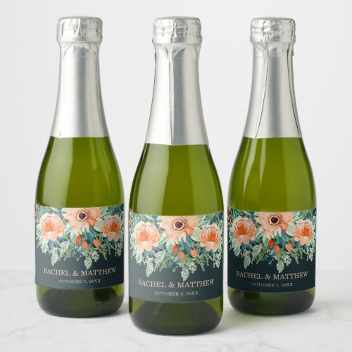 Peach Jade Teal Floral Watercolor Wedding Mini Champagne Label